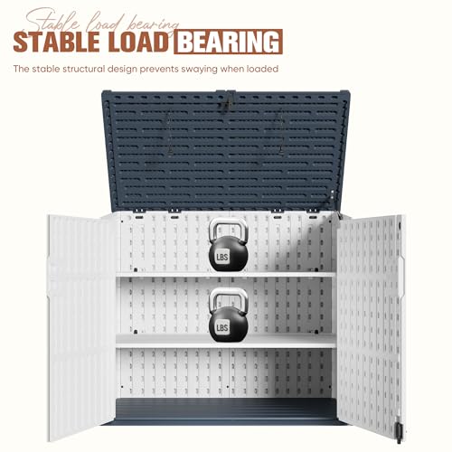 TUOZE 34 Cu Ft Resin Storage Shed with 2 Shelves, Waterproof Outdoor Storage Cabinet with Sloping Roof & Lockable Lid for Garden Tools, Trash Cans (Beige) by Tuoze - Image 9