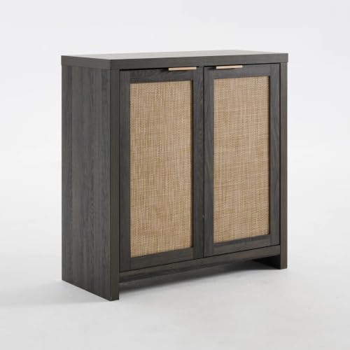 Image of OAKHAM HOME Rattan Sideboard Cabinet with Storage, Black Oak | Buffet Cabinet with 2 Soft-Close Doors, Adjustable Shelves and 110 lbs Top, For Living Room, Kitchen, Entryway