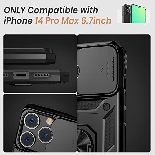 Goton For Iphone 14 Pro Max Case With Screen Protector - Slide Camera Cover Phone Case With Ring Stand, Heavy Duty Military Grade Shockproof Rugged Bumper For Iphone 14 Pro Max Accessories Black #TOP6
