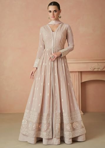 Image of Miss Ethnik Women's Peach Faux Georgette Stitched Top, Bottom and Dupatta Full Sleeve Embroidered Anarkali Gown (ME-1144)