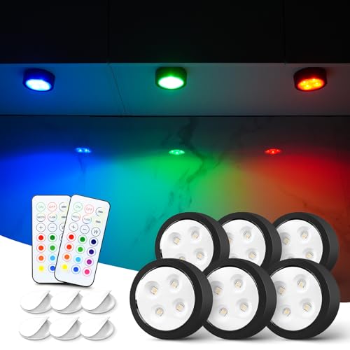 swesara Push Lights with Remote Puck Lighting Battery Operated Tap Lights Button Stick On Color Changing Led Lights 6 Pack (Black 6P)