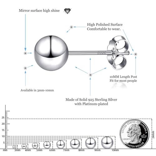 925 Sterling Silver Ball Stud Earrings Available in 3mm-10mm,Classic Round Ball Studs Hypoallergenic Jewelry2