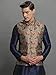 Elina fashion Men’s Beige Ethnic Motif Printed Nehru Jacket with Navy Blue Kurta Pajama Set | Silk Blend 3-Piece | Wedding & Festive Wear