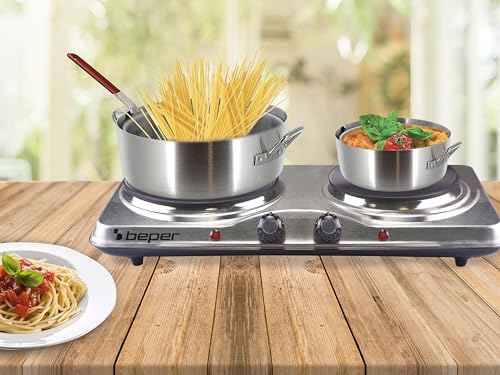 BEPER 90.825 Hornillo Eléctrico en Acero Inoxidable con 5 Grados de Intensidad - Cocina Eléctrica Portatil 2 Placas, Gris/Negro - imagen 6
