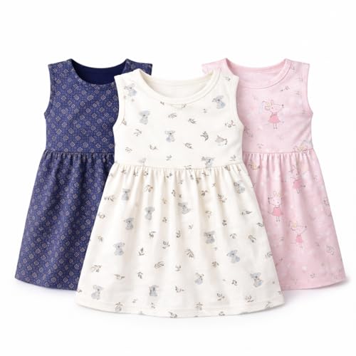 Image of EIO Girls Cotton Frock Dress Combo Pack | Multicolor Printed Knee Length Casual Dresses for Kids | Soft & Breathable Summer Wear Outfit