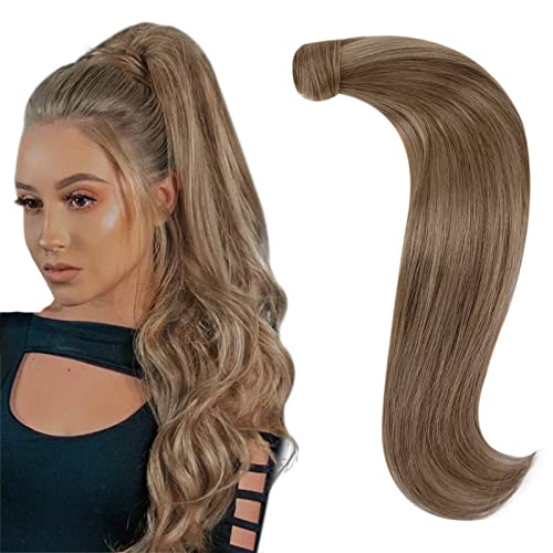 Real Human Hair Ponytail Extension Blonde Highlighted Clip in Pontail Hair Extenions Straigt Blonde Hair Ponytail Wrap Around 12 Inch 70g