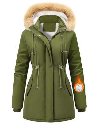 Nadeer Abrigos de Mujer Parka Invierno Cremallera Chaqueta con Capucha de Piel Sintética Cálido Forro Polar Sudadera con Bolsillos(Verde militar,M)