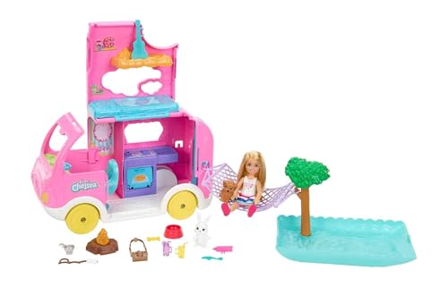 Barbie Camper, Chelsea 2-in-1 Playset with Small Doll, 2 Pets & 15 Accessories, Vehicle Transforms into Camp Site (Amazon Exclusive)