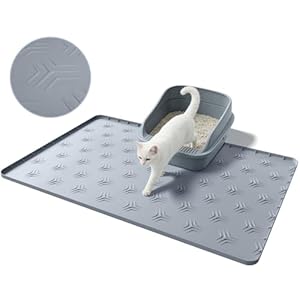 JUJOMAT Cat Litter Box Mat, 34″×22″ Large Silicone Cat Litter Trapping Mat Non-Slip Gray Kitty Litter Mat for Indoor Cats, Waterproof Pet Food Mats Easy to Clean & Soft on Kitty Paws