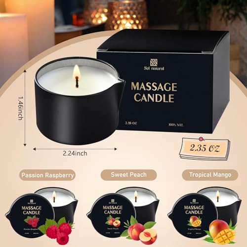 3 Pack Massage Oil Candles 2.35oz Low Temp Massage Candle Wax 3 Scent Spa Therapy Body Oil Valentines Gifts for Relaxation, Couples, or Self-Care (Sweet Peach, Passion Raspberry, Tropical Mango) - Thumbnail 2