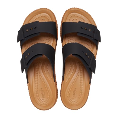 Image of Crocs Womens Brooklyn Buckle Low Wedge Black 9 Medium | Casual Sandals