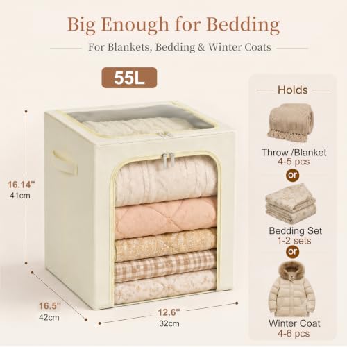 Image of GoMaihe Clothes Storage Bins with Metal Frame, 55L Blanket Storage Boxes for Above Shelf Closet, 4 Pack Stackable Clothing Storage Organizer with Clear Window for Bedding Sweaters Comforters - Beige