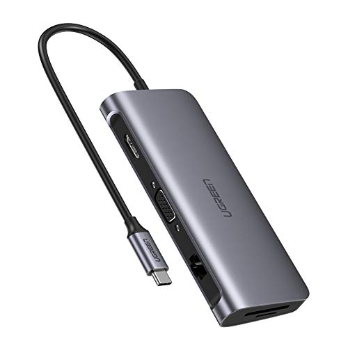 UGREEN Hub USB C 3.1 a HDMI 4K, VGA 1080P, Gigabit Ethernet, 3 Puertos USB 3.0, 100W Power Delivery, Lector SD TF Compatible con Macbook Pro Air M1 2020, DELL XPS, Samsung S21, Chromecast Google TV