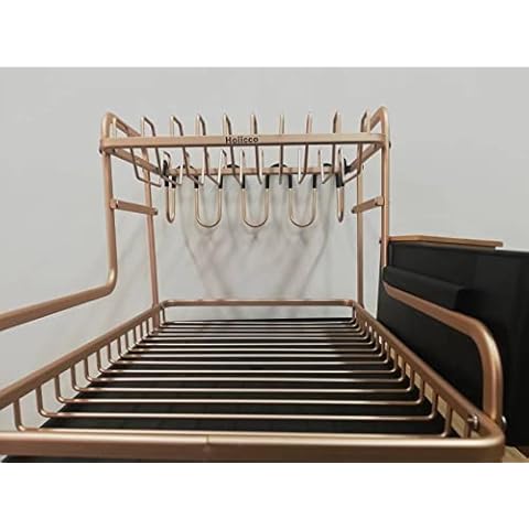 Hoiicco Knife Stand Dish Drying Rack with Drain Board Rustproof Aluminum Drainboard Set with Removable Utensil, Cup Cover