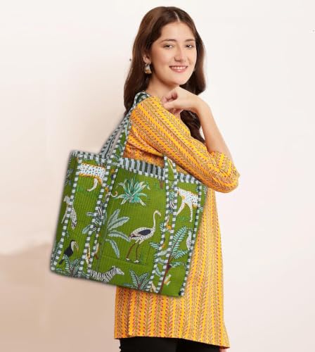 Image of Cotton Tiger Block Print Tote Bag, Indian Handmade Shopping Shoulder Bag, Unisex Market Daily Use