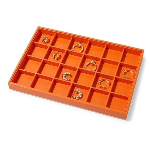 Leather 24 Grids Earring Organizer Tray Jewelry Tray Ring Earrings Holder Jewelry Drawer Organizer Storage Display(Orange)