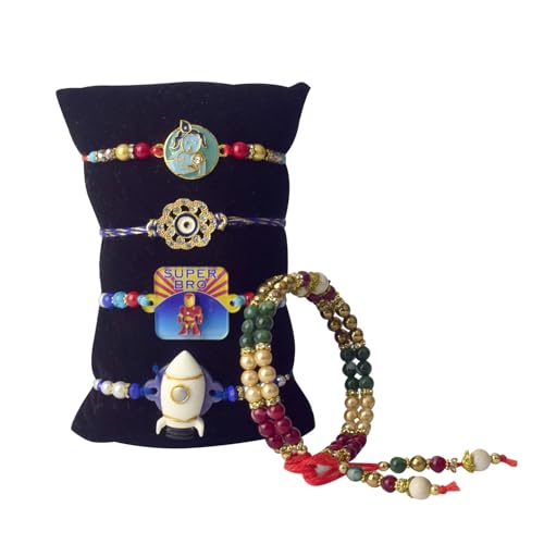 SATVIK 5 Pc Rakhi Family Combo 2 Bhaiya +1 Bhabhi Lumba + 2 rakhi for Brother Bhaiya Bhabhi Traditional Handmade Assorted Designer Rakhi with Puja Plate, Roli Chawal, Greeting Card & Sita-Ram Sticker