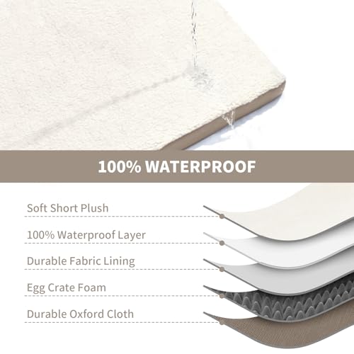 Image of Dog Crate Bed Washable Dog Beds for Large Dogs, Big Waterproof Orthopedic Dog Bed with Egg Crate Foam Pet Bed Mat, Removable Oxford Cooling Cover, Khaki White