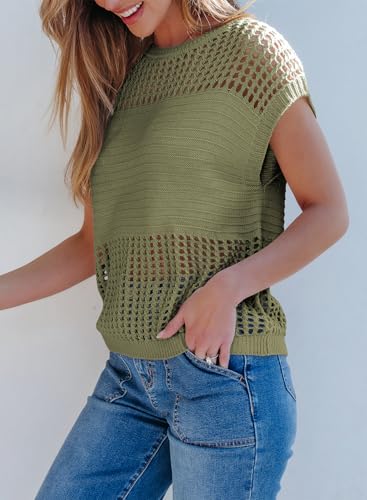 EVALESS Womens Tops Casual Summer Cap Short Sleeve Crochet Hollow Out Knit Sweater Vest Pullover T-Shirts Beach Coverup3