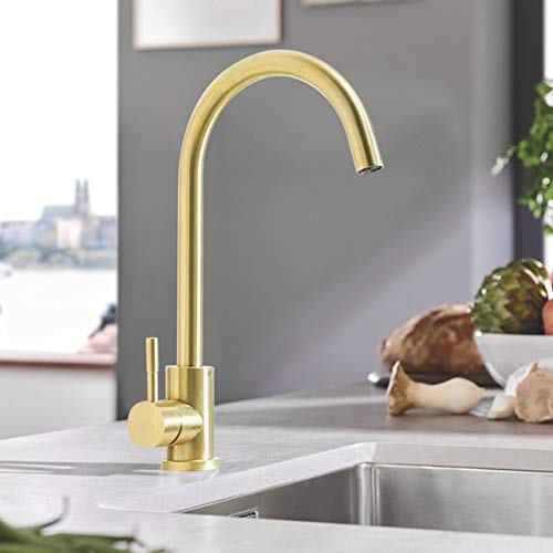 Mitigeur cuisine acier inoxydable or brossé monotrou rotatif eau chaude froide