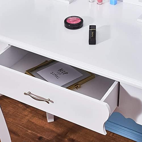 Wooden Classic Vanity Table Set w/Oval Mirror and Cushioned Stool, Makeup Dressing Table for Girls Organizer Bedroom (White)