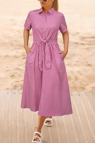 Image of Newshows Women's Work Business Casual Outfits Tie Waist Midi Shirt Dress | Lightweight & Breathable Easy-care Fabric, Side Pockets, Decent Professional Attire, Church Office Funeral Outfits