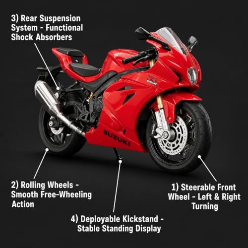 Image of Wizplex MSZ Suzuki GSX-R1000 1:18 Scale Officially Licensed Die Cast Metal Bike - Superbike Model with Steerable Wheel, Rear Suspension & Kickstand, Collectible Showpiece for Kids 6+ & Enthusiasts