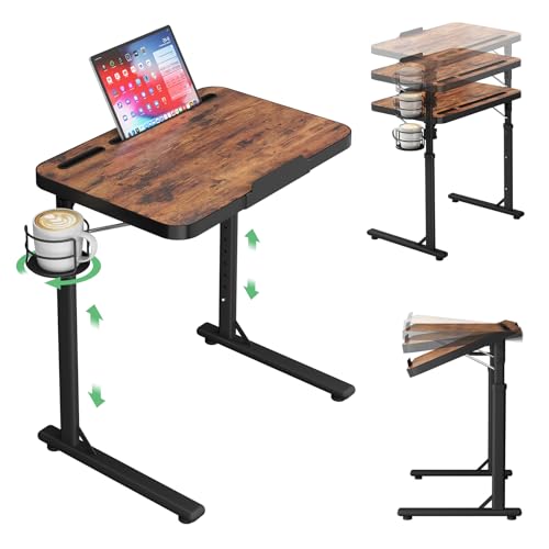 Kitstorack Adjustable TV Tray Table, Large Folding TV Food Tray with Tilting Tabletop, Rotatable Cup Holder, Device Slot & Anti-Slip Stopper, TV Dinner Tray Table for Couch, Bed, Work & Eating