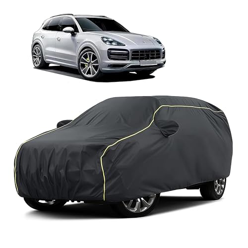 Image of Sulfar 100% Water Resistant Car Body Cover Compatible with Mirror for Porsche Cayenne (Triple Stitched, Full Bottom Elastic, Dark Grey Taffeta with Yellow Piping)