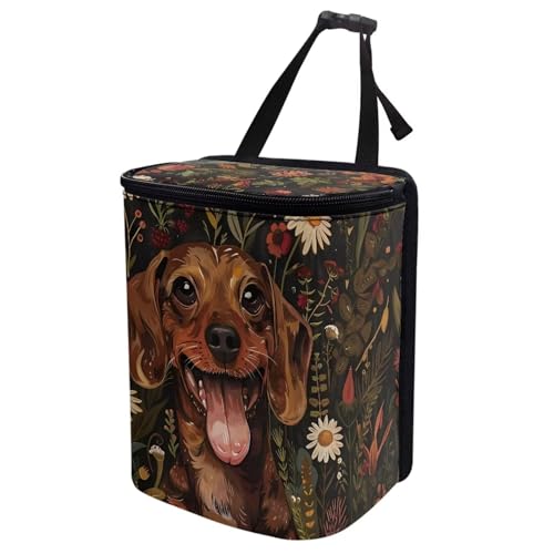 Image of Talayituse Dachshund Daisy Flower Print Car Trash Can with Adjustable Straps, Foldable Car Trash Bag Bin Car Garbage Bag Multipurpose Storage Box for Vehicle Travel Camping Picnicing