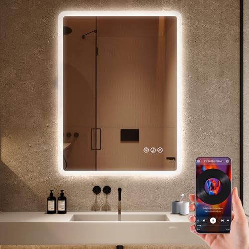 Ratsamee Bluetooth LED Bathroom Mirror with LED Lights -600x800mm Anti-Fog Illuminated Frontlit Bathroom Mirror, Wall Mounted Vanity Mirror with 3 Colour Dimmable for Makeup, Tempered Glass