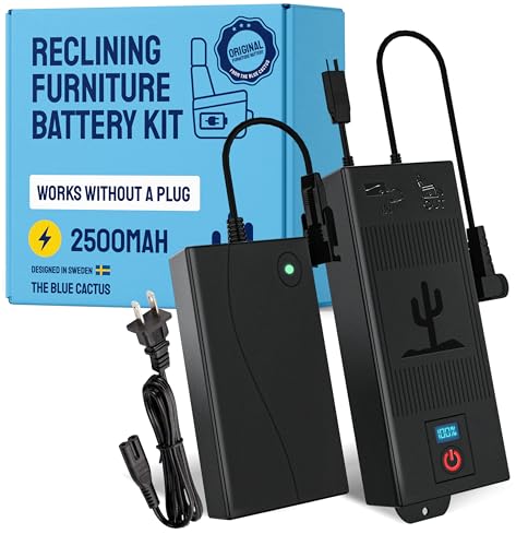 The Blue Cactus Rechargeable Battery Pack for Reclining Furniture - 2500mAh Battery, Charger, Cords, 2-Pin Connector - Wireless with LED & Low Charge Alert - Couch Recliner Battery Pack Rechargeable