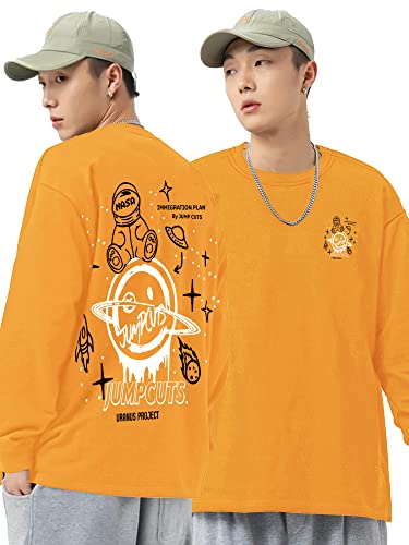 Image of Jump Cuts Mens Printed Round Neck Full Sleeve Black, Yellow Cotton Blend Boxy Fit T-Shirt