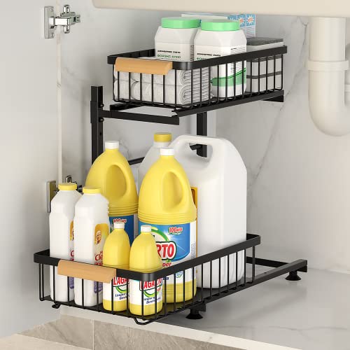 Under Sink Organizer, Pull Out Cabinet Organizer, Metal 2-Tier Under Sink Storage, Extra Large Adjustable Height Rack Shelf Drawers Sliding Basket for Kitchen Bathroom Utility Room Cabinet