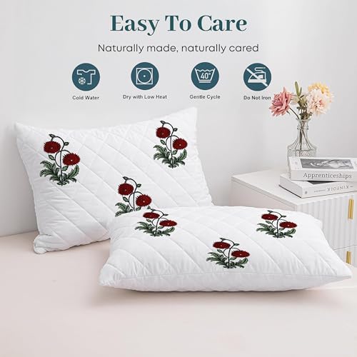 Image of LINENWALAS Block Printed Cotton Quilted Pillow Cover - Set of 4 | Ultra-Soft, Cooling & Breathable | Skin & Hair Friendly|Zipper Closure |Sweat-Absorbent & Hypoallergenic (20x36 Inches, Ruby Flora)