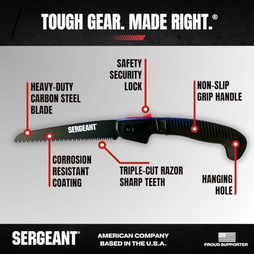 SERGEANT Folding Hand Saw with Pouch. Pruning hand saw. Best for Wood, Bone, PVC, Tree Pruning, Gardening, Camping, Hunting, Outdoors, Tool Box. Rugged 7" Steel Blade & Slip-Resistant Rubber Grip. - Image 2