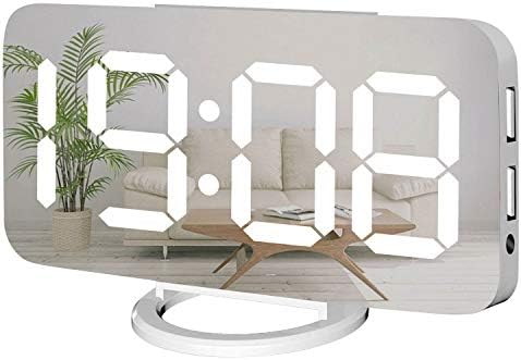 Miowachi Digital Alarm Clock,Large Mirrored LED Clock,Snooze,Dim Night Light 2 USB Charger Ports Desk Alarm Clocks for Bedroom Decor (White)