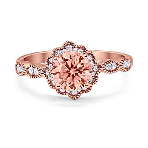 Blue Apple Co. Morganite CZ Rose Tone Size-8 Art Deco Ring 10mm Round CZ Halo Floral Ring Marquise Vintage Style Statement Wedding Engagement Rings For Women 925 Sterling Silver Gifts For Her Cover