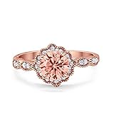 Blue Apple Co. Morganite CZ Rose Tone Size-9 Art Deco Ring 10mm Round CZ Halo Floral Ring Marquise Vintage Style Statement Wedding Engagement Rings For Women 925 Sterling Silver Gifts For Her