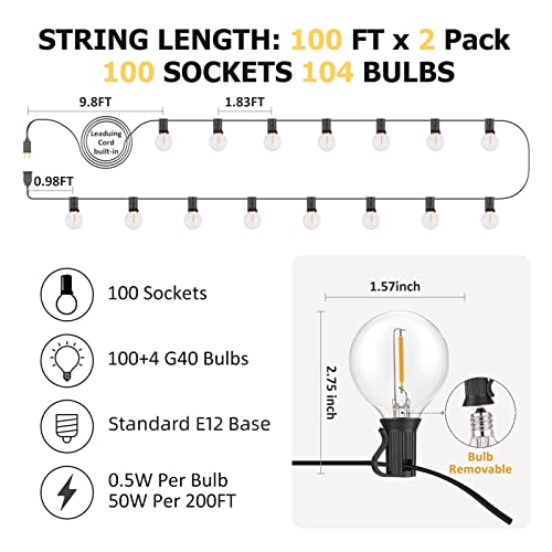 Achin 200Ft G40 Globe Outdoor String Lights Led Waterproof Patio String Lights Dimmable With 104 Shatterproof Bulbs String Lights For Outside Bistro Café Wedding, 100Ft X 2Pack #TOP1