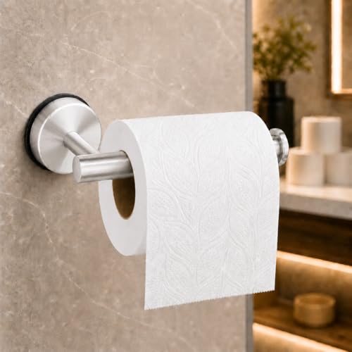 Suction-Cup-Toilet-Paper-Holder No Drill Wall Mount Toilet Paper Holder for Smooth Tile Glass Marble Stainless Steel Silver Bathroom Tissue Roll Holder for Rental RV Apartment Brushed Nickel