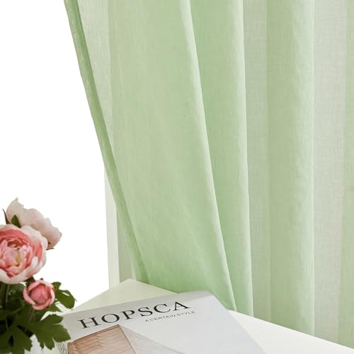 Image of MYSTIC-HOME Extra Wide Sheer Curtains Green 84 Inches Long, Window Treatments Rod Pocket Drapes for Living Room, Bedroom, 108 in Width Semi Sheer Curtains for Yard, Villa, Parlor, 108 inchx 84 inch, 2 Panels
