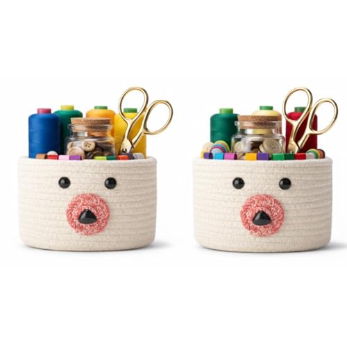 Image of Teddy Eco-Friendly Cotton Rope Basket Set of 2 (6x6 Inch) - Remote Holder for Living Room & Remote stand for Table, Makeup organisers, Jute Planter Basket & Jute Pots for Plants (White - Combo)