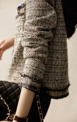 chouyatou Women's Fall Elegant Business Casual Tweed Blazer Work Jacket Tassel Raw Hem Open Front Suit Top4