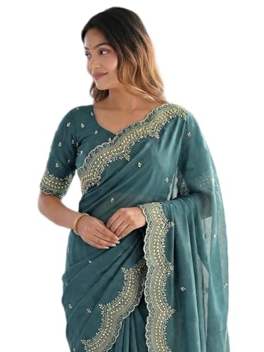 Image of SIRIL Women's Shimmer Georgette Scalloped Border Sequins Embroidery Saree with Unstitched Blouse Piece