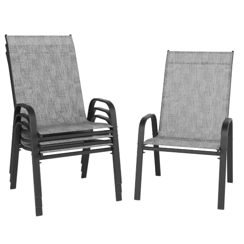 Image of Patio Chairs Set of 4, Stackable Outdoor Dining Chairs for All Weather, Metal Modern Outside Furniture Chair for Pool Side, Garden, Backyard Deck, Light Grey