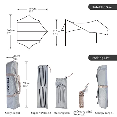 Trekman 17X15Ft Waterproof Camping Tarp With 2 Poles, Oxford Hammock Tarp Car Awning, Lightweight Sun Shelter #TOP1