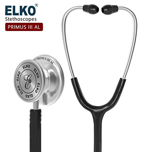 Image of ELKO EL-160 Primus III AL Aluminum Head Stethoscope For Doctors and Medical Students | Double Sided Chest Piece For Adult & Pediatric Patients | U-Shaped PVC Tubing | Soft Sealing Ear Knobs (Black)