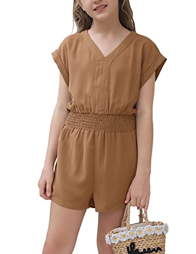 Simtuor Girls Summer Jumpsuit Short Sleeve V Neck Elastic Waist Romper Casual Zipper Solid Short One-Piece Outfits #TOP20