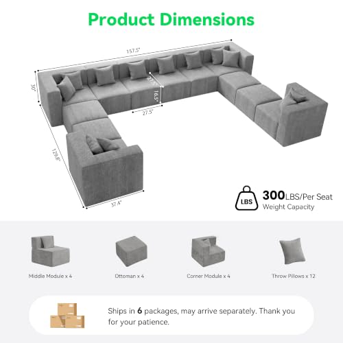 Image of MONVANE Oversized Boneless Sectional Couches for Living Room, 12-Seat Cloud Couch, Modular Sofa with Ottoman & 12 Throw Pillows, Comfy Chenille, No Assembly Required, Light Gray